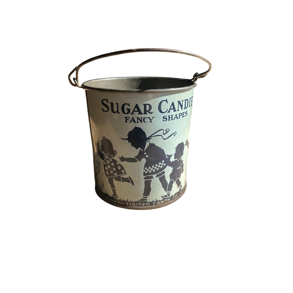 Vintage United Candy Co Sugar Candies Tin Bucket Silhouette Children St Louis